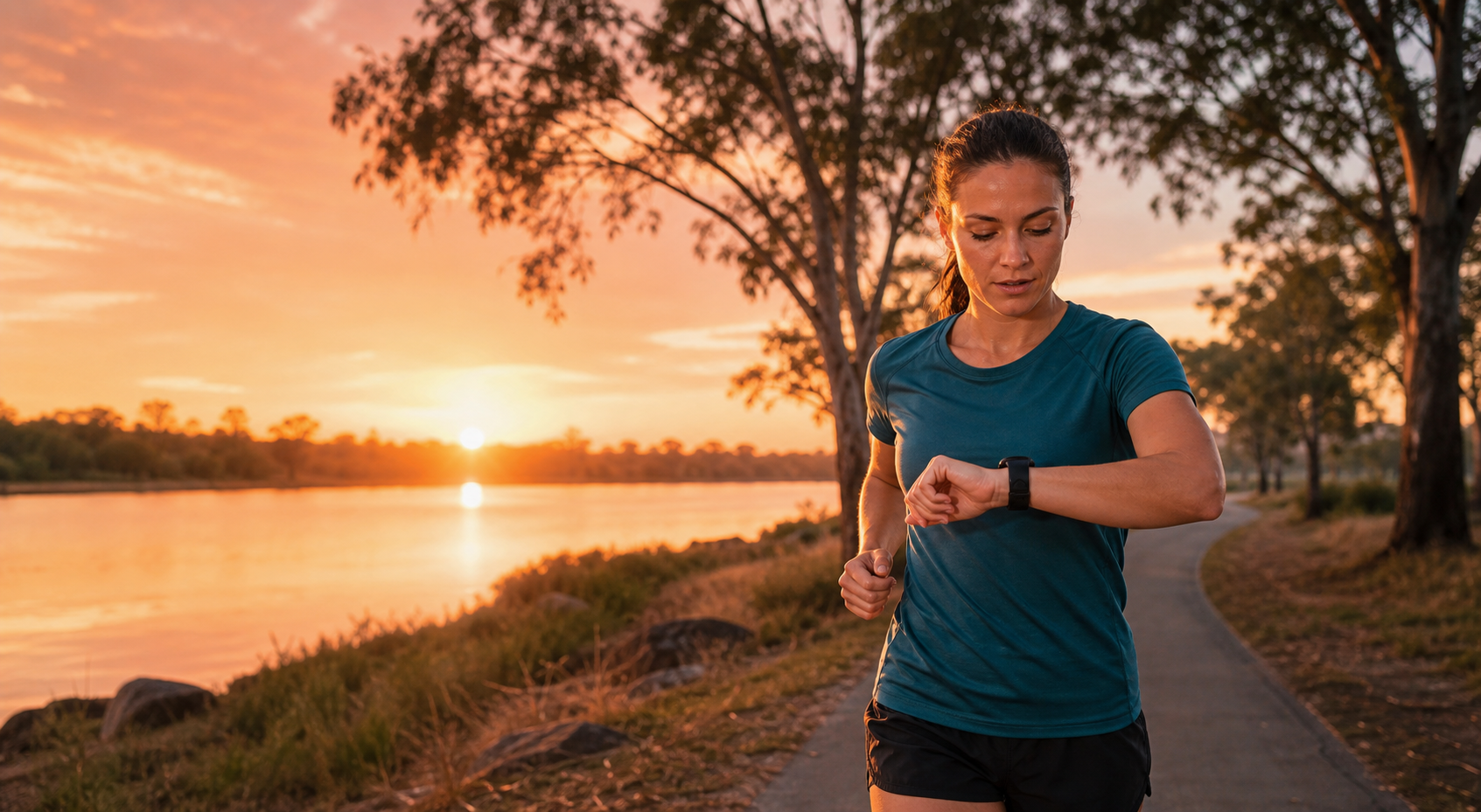 Beginner runner checking a GPS watch during sunrise training in Australia