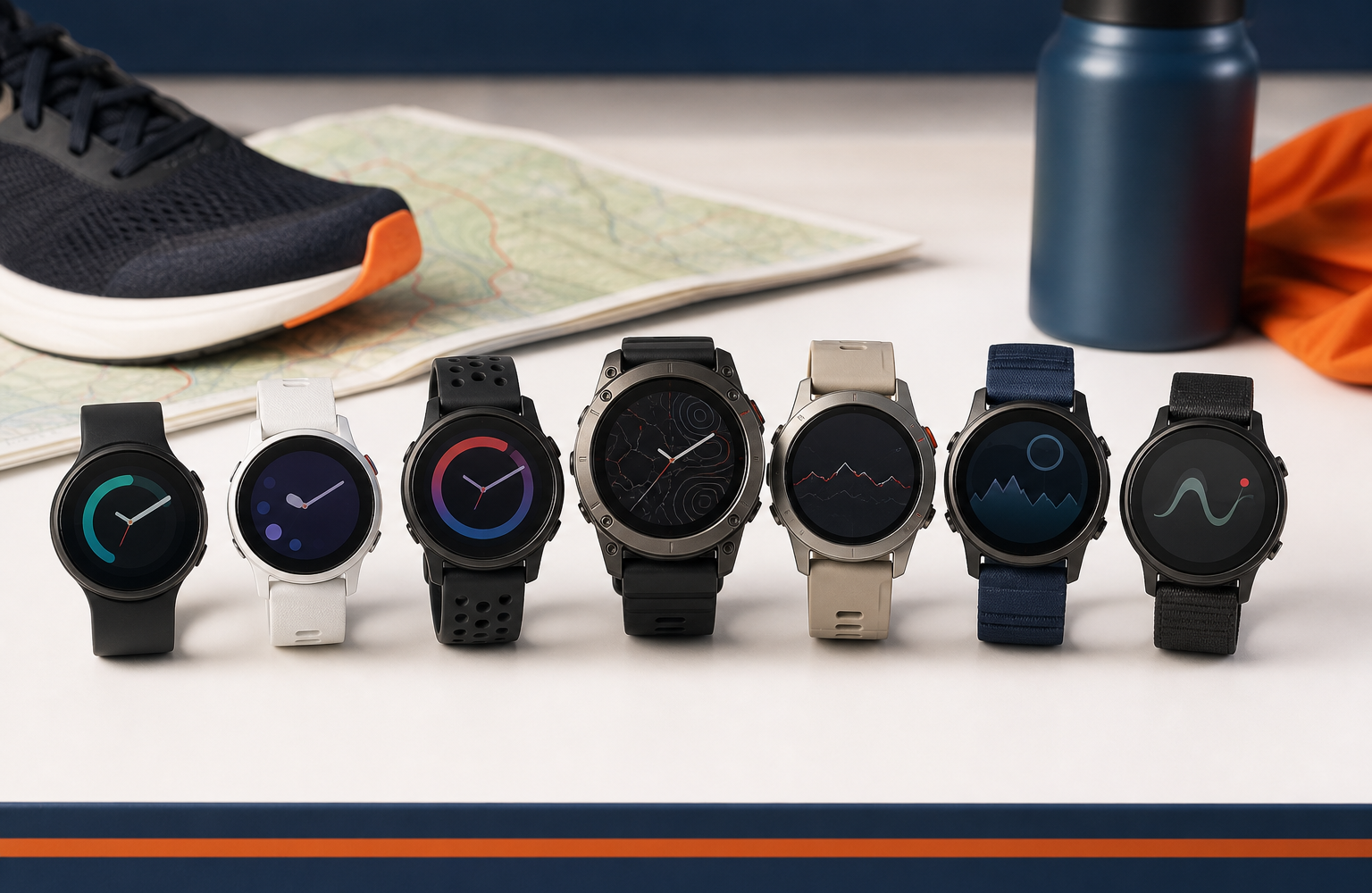 Seven generic GPS running watches arranged for comparison on a sports-tech testing desk