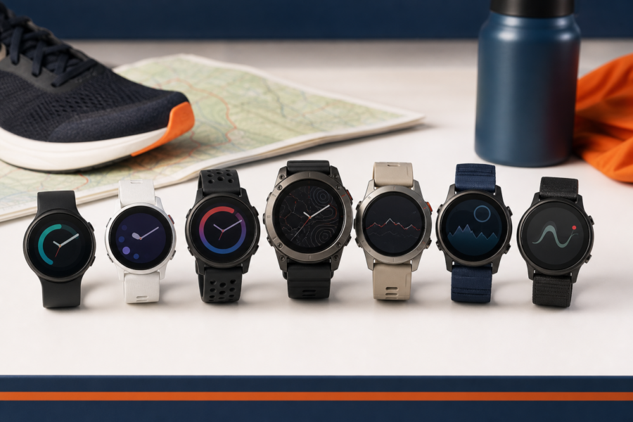 Seven generic GPS running watches arranged for comparison on a sports-tech testing desk