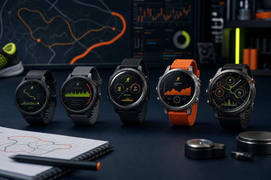 Five generic GPS running watches arranged from entry-level to flagship on a testing desk