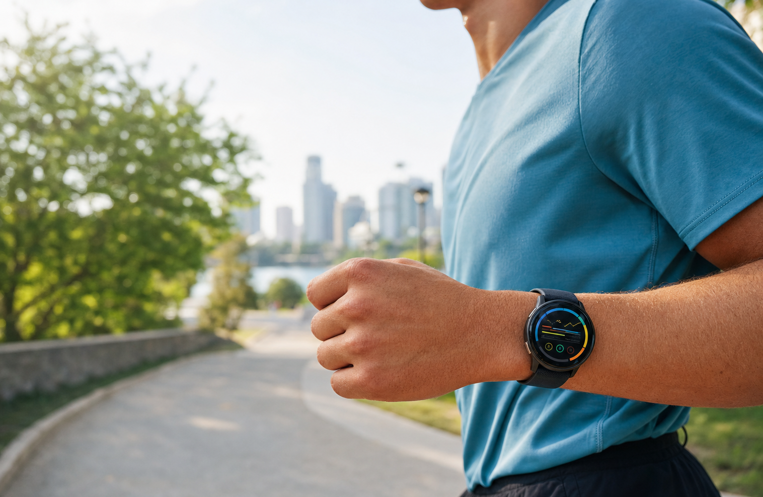 Runner wearing a generic round GPS sports watch during an urban training run