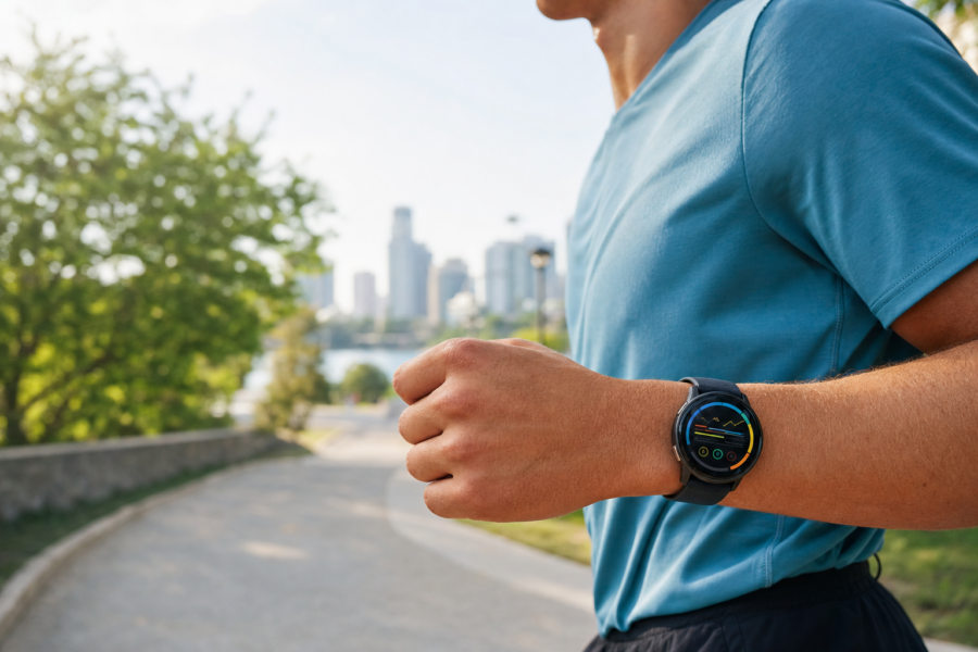 Runner wearing a generic round GPS sports watch during an urban training run