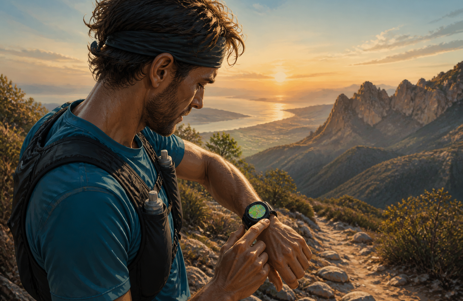 Non-product editorial illustration of a trail runner checking a generic mapped sports watch