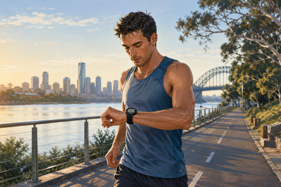 Non-product editorial illustration of a runner checking a generic sports watch