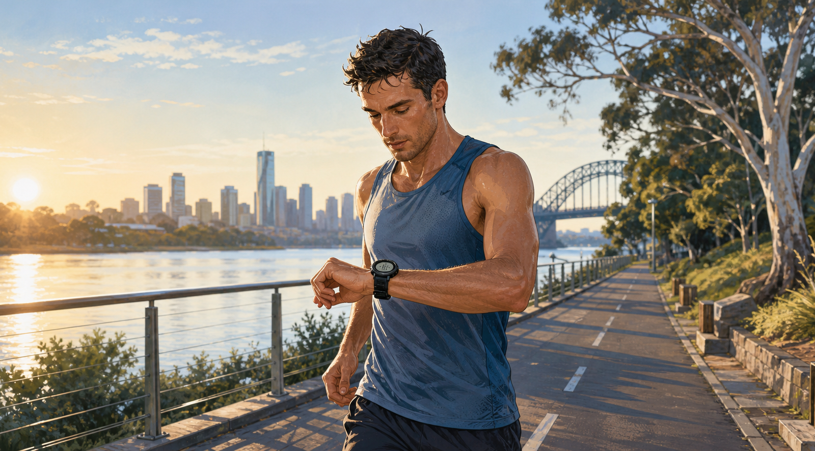 Non-product editorial illustration of a runner checking a generic sports watch