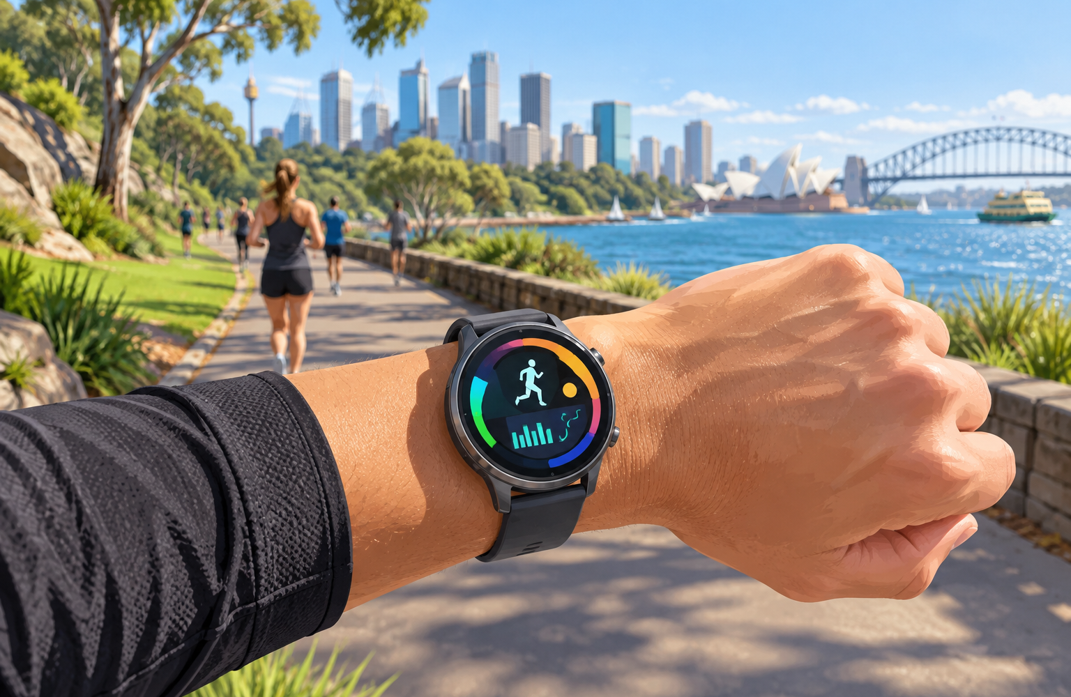 Generic bright AMOLED-style running watch on a runner wrist in an Australian city park