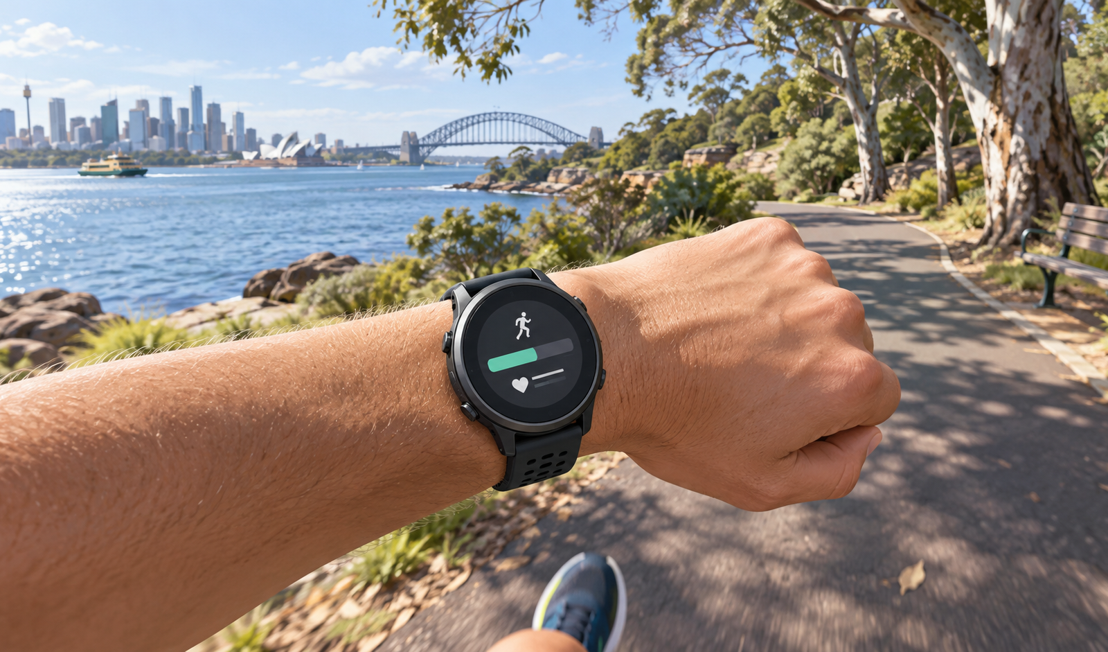 Generic GPS running watch on a runner wrist during an easy road run