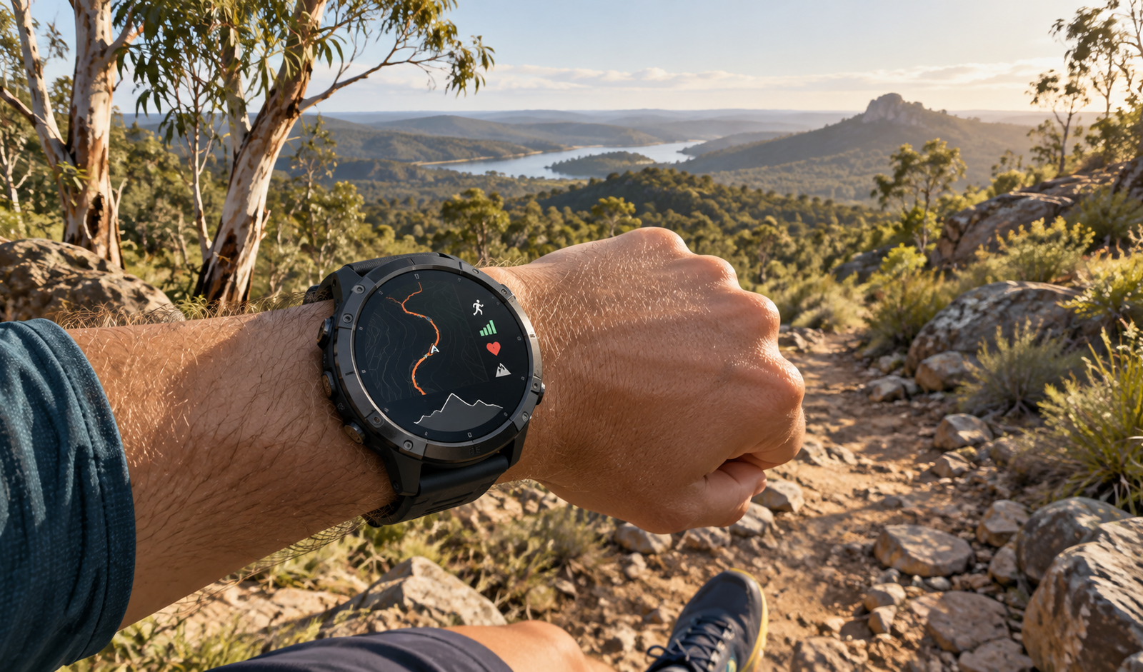 Generic rugged GPS running watch showing a route on an Australian trail